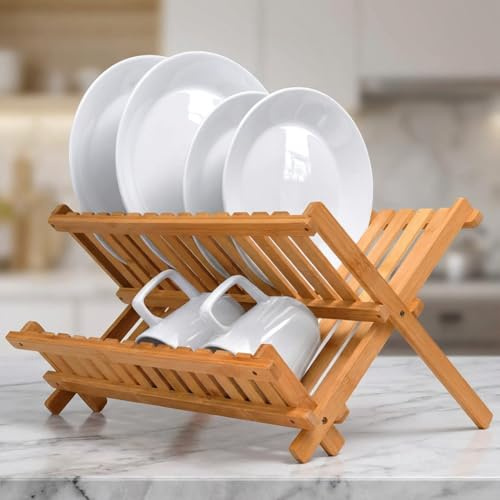 l&j Égouttoir à vaisselle en bois de bambou durable, pliable et peu encombrant, design écologique, durable et adapté aux substances alimentaires | organisateur de cuisine capacité jusqu'à 24 assiettes