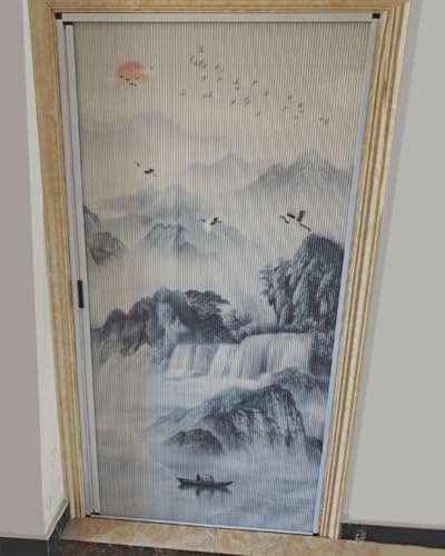Falttür Innentüren Schiebetür im Orientalischen Stil Ohne Bohren, Falttor mit Landschaftsmuster, Traditionelle Falttüren für Innenräume Schlafzimmer Küche Scheune(37x80in (94x203cm))