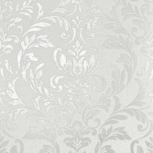 Fine Decor FD43988 Azara Damask Luxury Textured Vinyl Wallpaper, Light Grey