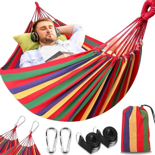 Amaca da Campeggio in Tela 300x150 cm, Capacità di Carico di 270 kg, Traspirante, Durevole Amaca Portatile con Borsa, 2 Moschettoni Premium, 2 Cintura di nylon, Per Esterno Giardino Spiaggia