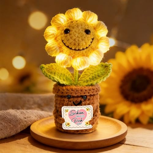 Sunwuun Geschenke für Frauen,LED Handgestrickte Sonnenblume mit Karte | Geschenk Freundin Mama Kollegin,Kreatives Motivationsgeschenk für Geburtstag,Valentinstag,Muttertag,Weihnachten