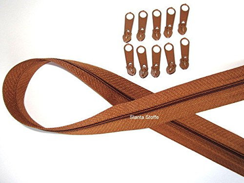 5m Reißverschluss endlos, Spirale 3mm + 15 Schieber/Zipper 32 Farben, Meterware (Mittelbraun)