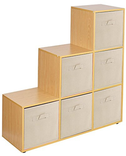 URBNLIVING Estantería de 6 cubos en forma de escalera con 6 cajones, Beige Drawers, Beech 6 Cubes