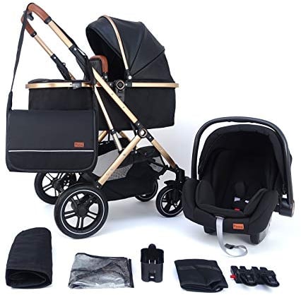 Pixini Kinderwagen Lania 3in1 Kombikinderwagen, inkl. Babywanne & Buggy & Auto-Babyschale & Cupholder/Adapter (gold/schwarz)