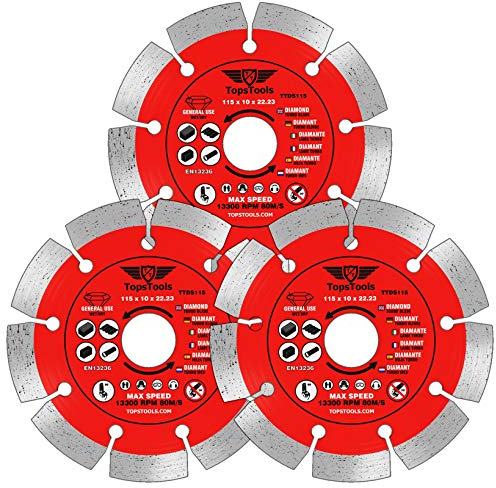 3 x TopsTools TTDS115_3 115mm (4.5 inch) x 10mm x 22.23mm Bore Segmented Diamond Angle Grinder Circular Saw Blades