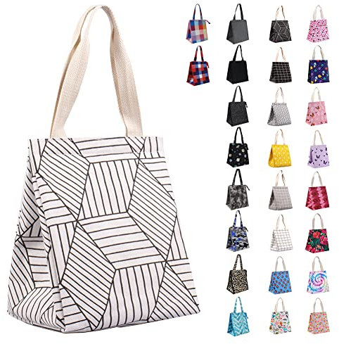 iknoe Insulated Lunch Bag for Women, 9L Sturdy Wide-Open Foldable & Portable Lunch Tote with Interior Pockets, Water-resistant Thermal Lunch Cooler for Adults Picnic Beach (White Rhombus)