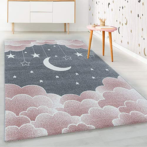 HomebyHome Kinderteppich Kurzflor Wolken Sterne Mund Design Kinderzimmer Babyzimmer Spielzimmer 8 mm Florhöhe Weich Rechteckig Rund Läufer Rosa, Farbe:Pink, Grösse:120x170 cm