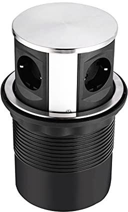Elbe Inno Toma de Corriente de Mesa retráctil de 4 Compartimentos, regleta de 4 Compartimentos con Tapa de Acero Inoxidable, Toma de Corriente empotrada, con Cable de conexión de 1,5 m