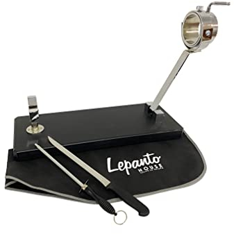 Jamonero plegable giratorio, soporte jamonero plegable mas set de corte con cuchillo jamonero mas chaira y cubra jamon negro (Base fibra negra)