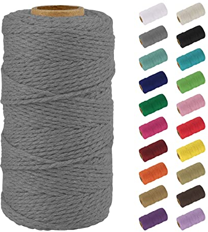 Uiopa Macrame Corde 2mm x 100m, Naturel Fil Macramé Fil de Coton Ficelle Corde, DIY Cordelette pour Tressée, Tapisserie de Plante, Tenture Murale, Cadeau Décoration, Emballage (Gris)