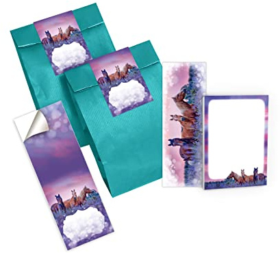 Junapack 12 Lesezeichen + 12 Mini-Notizblöcke + 12 Geschenktüten (Petrol) + 12 Aufkleber Pferd lila Mitgebsel Gastgeschenk beim Kindergeburtstag Mädchen