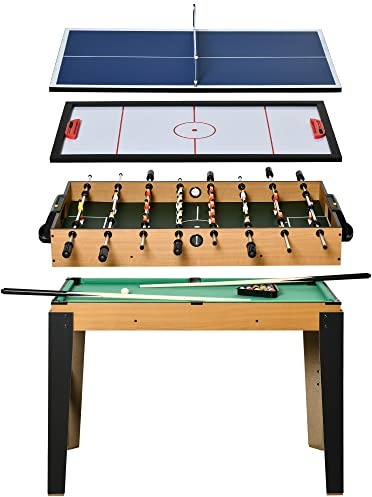 HOMCOM 107cm 4 in 1 Multigame Spieltisch Partyspiel inkl. Tischtennis Kickertisch Billardtisch Eishockeytisch ab 14 Jahren Stahl Natur+Schwarz