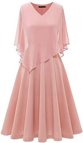 DRESSTELLS Robe de cocktail élégante en mousseline de soie pour femme - Grande taille - Robe de soirée pour mariage - Col en V - Longueur genou - Coupe trapèze - Robe d'été, Rose poussiéreuse, XL