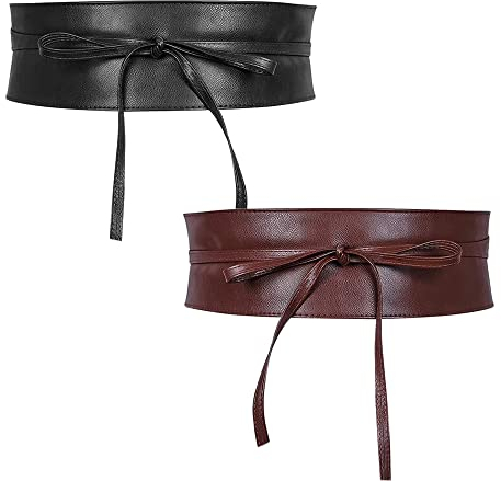 Zasvec Taillengürtel Damen 2 Stück Breiter Bindegürtel Gürtel Wickelgürtel Hüftgürtel Ledergürtel Obi Gürtel für Damen Mädchen 87cm Schwarz/Braun