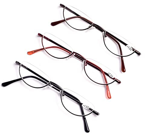 JYCCH 3er-Pack Leichte Halbrahmen-Lesebrille aus Metall, Lesebrille mit Federscharnier für Damen Herren, Halbmond-Lesebrille im Retro-Stil, Dioptrie 1,0-3,5 (Color : C, Size : 3.0 x) (A