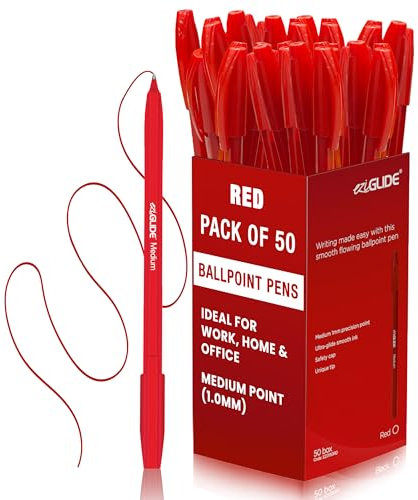 Eziglide 50-Pack Ballpoint Pen Set, Red – Fine Pens with Medium Point Nib (1.0mm) for Precise Writing & Ergonomic Grip – Quick-Dry Ink, Ideal for Adults, Home, Office, Work & Study Use