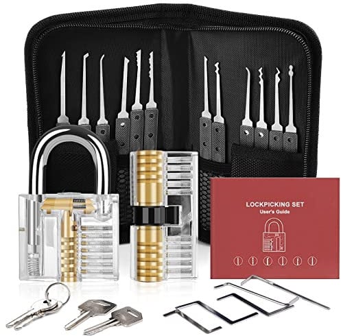 Diyife Lock Pick Set, [Updated Version][26 Pieces] Premium Practice Lock Picking Tools with 2 Transparent Training Padlock for Lockpicking, Guide for Beginner and Locksmith Training (Black)
