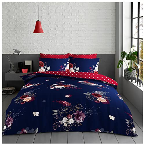 GC GAVENO CAVAILIA Floral Bedding Double Bed Set, Botanical Duvet Cover, Easycare Polka Dot Quilt Cover With Pillowcases, Navy