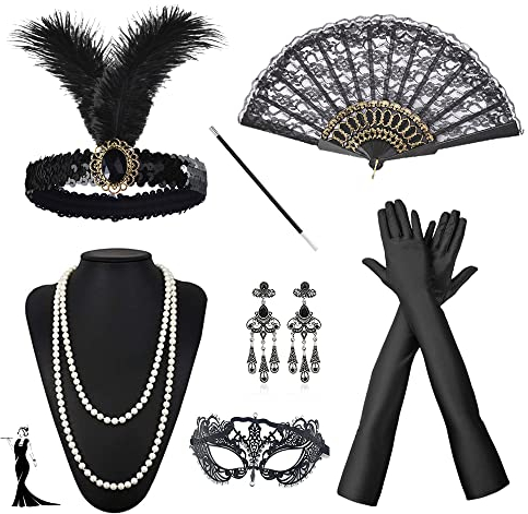 AFEIGE 20er Jahre Accessoires●20s Kostüm Damen●Great Gatsby Accessoires Set●1920er Jahre Zubehör mit Stirnband Handschuhen Halskette