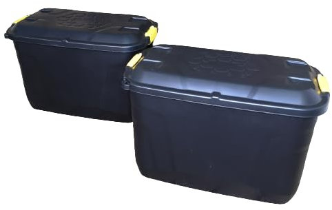 2 x 110L Heavy Duty Trunk on Wheels Sturdy, Lockable, Stackable and Nestable Design Storage Chest with Clips in Black