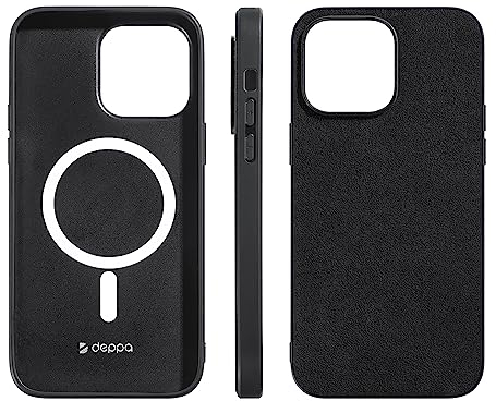 Deppa Alcantara Hülle für iPhone 12 Pro Max (6,7') mit Magsafe [Silikon Kanten] Stoßfeste Handyhülle Case| Erhöhter Kameraschutz| Echtes italienisches Alcantara| Premium-Qualität Cover (Schwarz-9040)