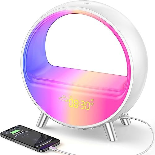 StanJO Enceinte Bluetooth Intelligente Avec Lumières Colorées, Réveil Intelligent, Veilleuse, Affichage De La Météo, Chargeur Type-C, 3 Modes De Contrôle, Affichage LED, Boîtier Durable