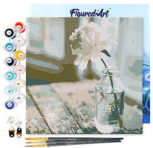 Figured'Art Mini Peinture par Numéro Adulte 20x20cm avec cadre Fleur Blanche - Petit Format Kit de Loisir Créatif DIY Numéro d'Art Complet
