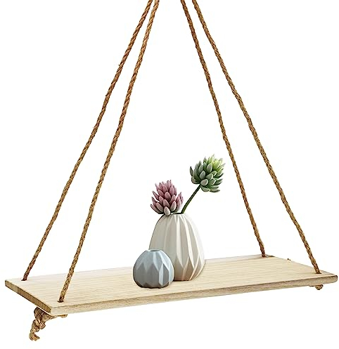 FuninCrea schwimmende Regale, 35 * 4 * 1cm hängende schwimmende Regal hölzerne Regal mit Swing Seil, Mehrzweck-Holzregale rustikale schwimmende Regale für Bad, Küche (Beige)