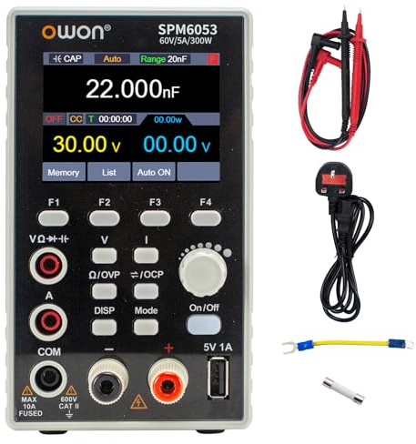 OWON Laboratory Power Supply (0-60V, 0-5A), DC Netzteil und Multimeter | SPM6053 Programmierbares DC Labornetzteil mit 300W Ausgangsleistung 2.8-Zoll LCD Display, 4 1/2 Digital Multimeter