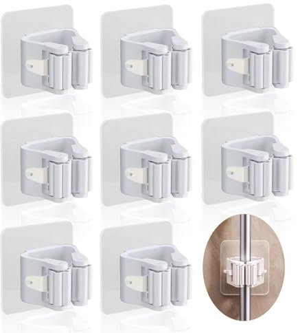 JOIYHY Porta Scope Parete 8 Pezzi, Autoadesivo Appendi Scope a Muro,ABS Portascope da Muro Regolabile Appendibile, Non è necessario forare,Adatto Per Cucina, Garage, Giardino, Terrazza, Bagno
