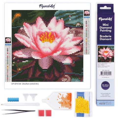 Figured'Art Mini Diamond Painting Erwachsene 25x25cm Ganze Leinwand gerollt Rosa Seerose 5D Bilder Runde Steine - DIY Set Basteln