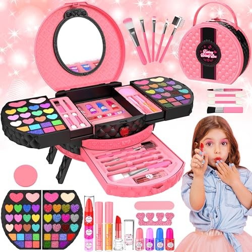 66 Pcs Kids Makeup Sets For Girls with Portable Stand,Make Up Starter Kit