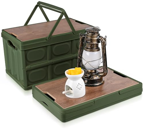 Banaone 2 Pack Faltbare Campingbox Aufbewahrungsboxen mit Handgriff, Aufbewahrungsbehälter mit Holz Deckel 30L, Plastik Lagerkisten als Tischplatte für Outdoor Camping Auto Kofferraum (Grün)