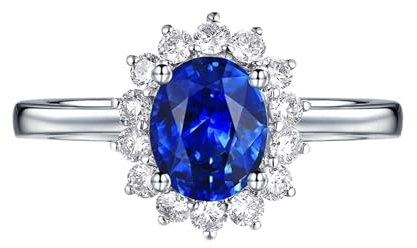 Ringe für Männer In Blau, Ring Herren Weissgold 18 Karat Blume Lab Saphir 0.67CT Ovalschliff VVS mit Diamant Weiß Größe 61 (19.4) Gravur für Hochzeit