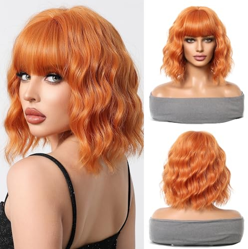 Esmee Kurze Welle Ingwer Orange Bob Perücken mit Fransen Schulter Länge Perücke Synthetische Cosplay Perücken für Frauen