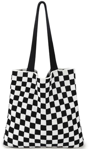 Ayieyill Häkeltasche für Damen, gehäkeltes Netzgewebe, Strandtasche, Sommer, Urlaub, ästhetische Boho-Stricktasche für Frauen, N/Schwarz kariert, 15.75 inches x 0.4 inches x 12 inches,