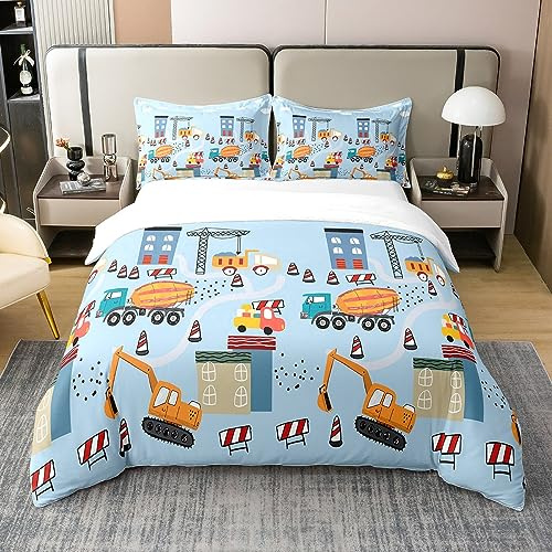 Loussiesd Bagger Baumwolle Bettwäsche Set 155x220cm BAU Fahrzeuge Betten Set für Kinder Cartoon Auto Betten Set Mädchen Jungen Jugendliche Weich Equipment Trucks Dekor Bettwäsche Set