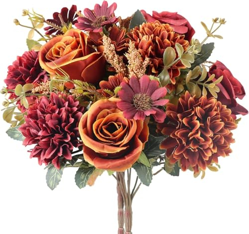 HASUDEI 2Pcs Künstliche Blumen Chrysantheme Kunstblumen Rose Seidenblumen Herbst Blumenstrauß Unecht für Hochzeit Party Halloween Vase Tischdeko Thanksgiving Dekoration Orange