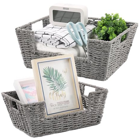 Cestas Almacenaje Trenzada, Set de 2 Cesta de Almacenamiento de Mimbre, Cestas Tejidas con Asas, Apilables Caja Organizadora, para Baño, Cocinas, Oficinas, Sala de Estar, Gris