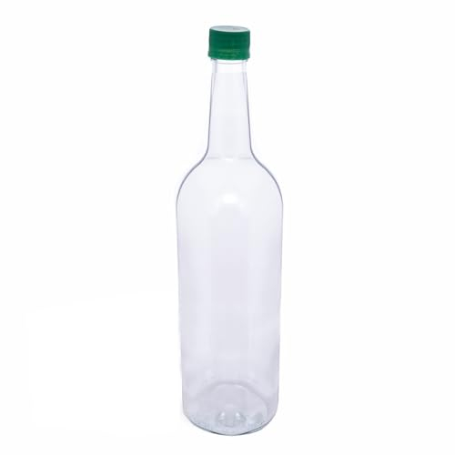 Glass Water Bottle, 1 Litre & Cap Juice Mineral Elderflower Cordial Sparkling (Green Cap, Pack of 15)