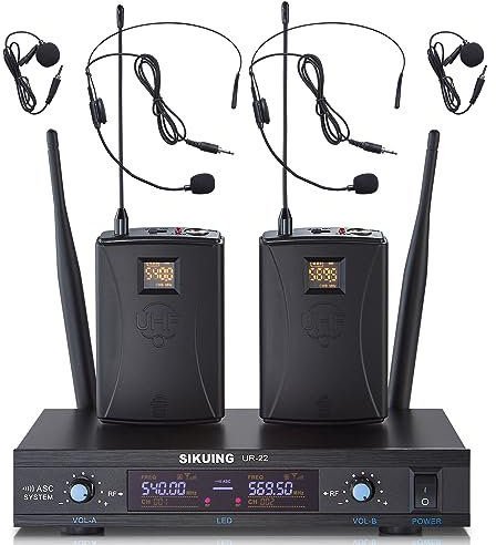 SIKUING Sistema microfonico wireless UHF a doppio canale, 2x30 frequenze regolabili, sistema microfonico lavalier e con cuffia per riunioni, chiesa, portata 90 m (2 Bodypack)