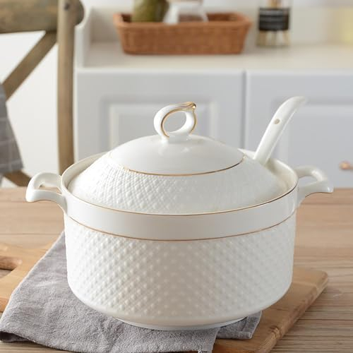 MGHRUE Soupière Blanche À Bord Doré avec Couvercle Et Cuillère, Bol De Service À Double Poignée en Porcelaine Élégante pour Restaurant Et Maison,2.2L