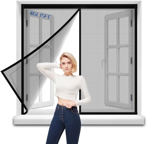Pollenschutzgitter 115x210cm zuschneidbarer, transparenter Pollenschutz für Allergiker - für nach innen öffnende Fenster - inkl. selbstklebendem Klettband Schwarz