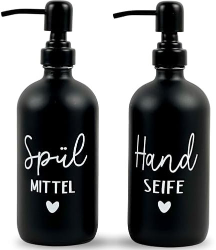 Glas Seifenspender 500ml - Schwarzer Pumpspender, Spülmittelspender für Küche. Handseifenspender für Badezimmer (Schwarz, Spülmittel + Handseife)