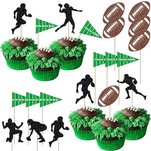 Rsstarxi Cupcake-Topper, Rugby-Ball, Superbo-Cupcake-Topper, Fußballspieler, Cupcake-Picks für Babyparty, Jungen, Geburtstag, Sport, Party, Kuchendekoration, 30 Stück