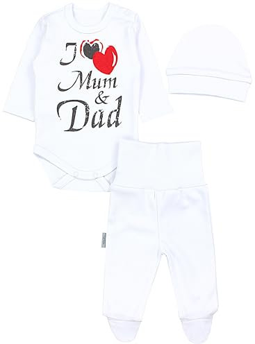 TupTam Baby Mädchen Jungen Bekleidungsset Langarmbody Hose Mütze mit Aufdruck Spruch 3 teilig, Farbe: I love Mum and Dad, Größe: 50