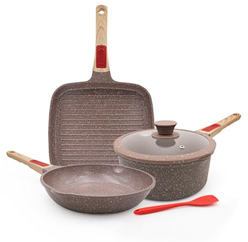 AIKENBBKK Juego de Ollas y Sartenes de Cerámica de 5 Piezas, Sartén 24cm con Tapa, Cacerola 20cm, Sartén Grill 24cm, con Revestimiento Cerámico Antiadherente y Mango Extraíble, sin PTFE ni PFOA