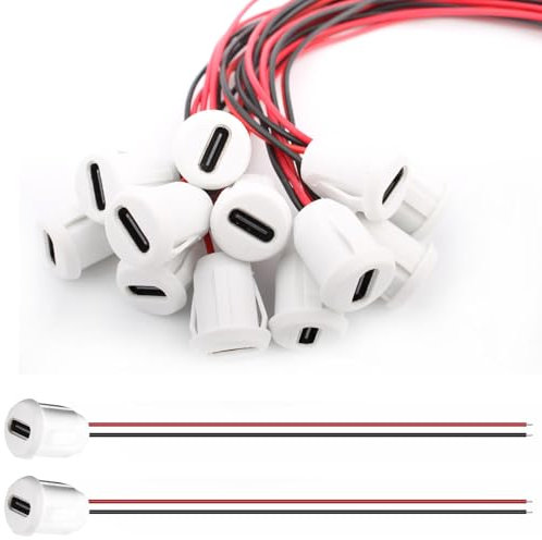 VISSQH 12 PCS USB Type-C Female Chassis with Card Buckle,3A 2-pin USB C Soldering Jack,2 Wire Panel Mount connector,24AWG Pigtail Cable Extension Power Cable(white)