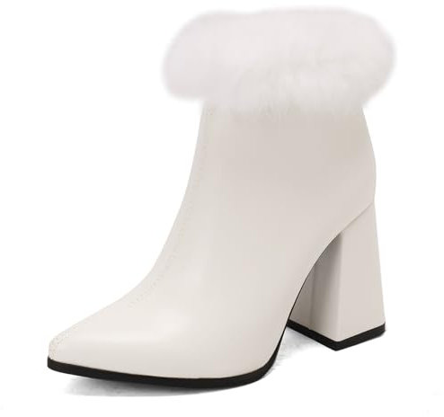 BAISOILIHA Women‘s Moda Comodo Walking Polacchine Faux Pelle sintetica Zip Chunky Heels Stivali Corti Appuntito Tacco Alto Festa Lavoro Scarpe per donne Le signore Ragazze Bianco PU Numero 48