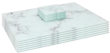 Harbour Housewares Rectangle Glass Placemats & Square Coasters Set - 40cm x 30cm - Marble - 12pc Heat-Resistant Non-Slip Rectangle Home Kitchen Dining Table Dinner Plate Place Mat Mats Set